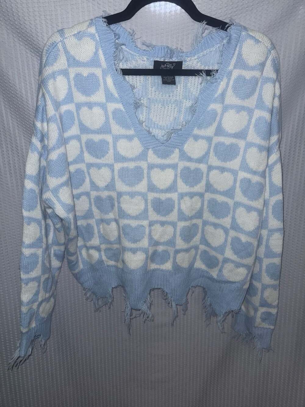 Just Polly Blue Heart Checkered Sweater Size M